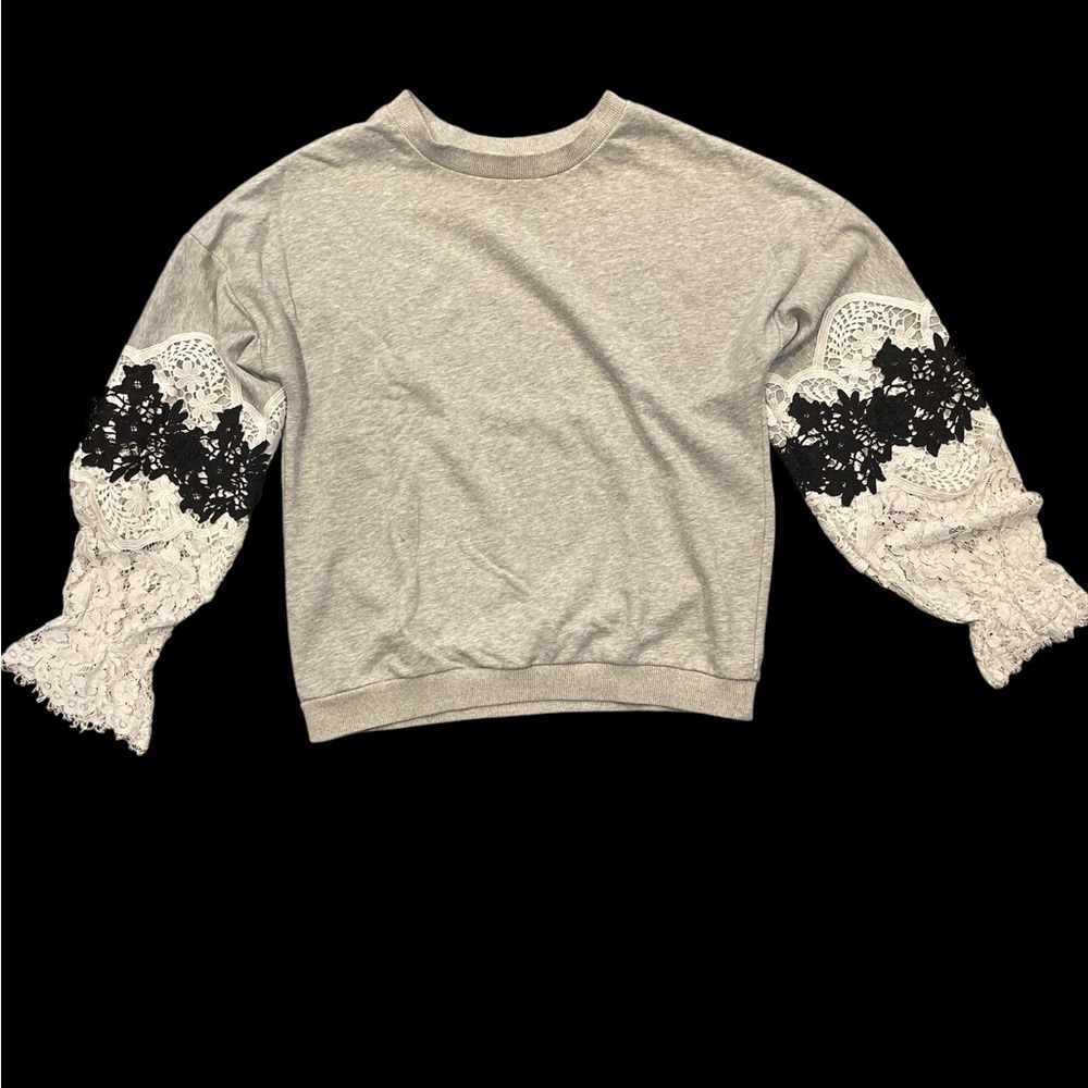 Avantlook L gray sweatshirt drop shoulder lace embellished arms cuff ruffles